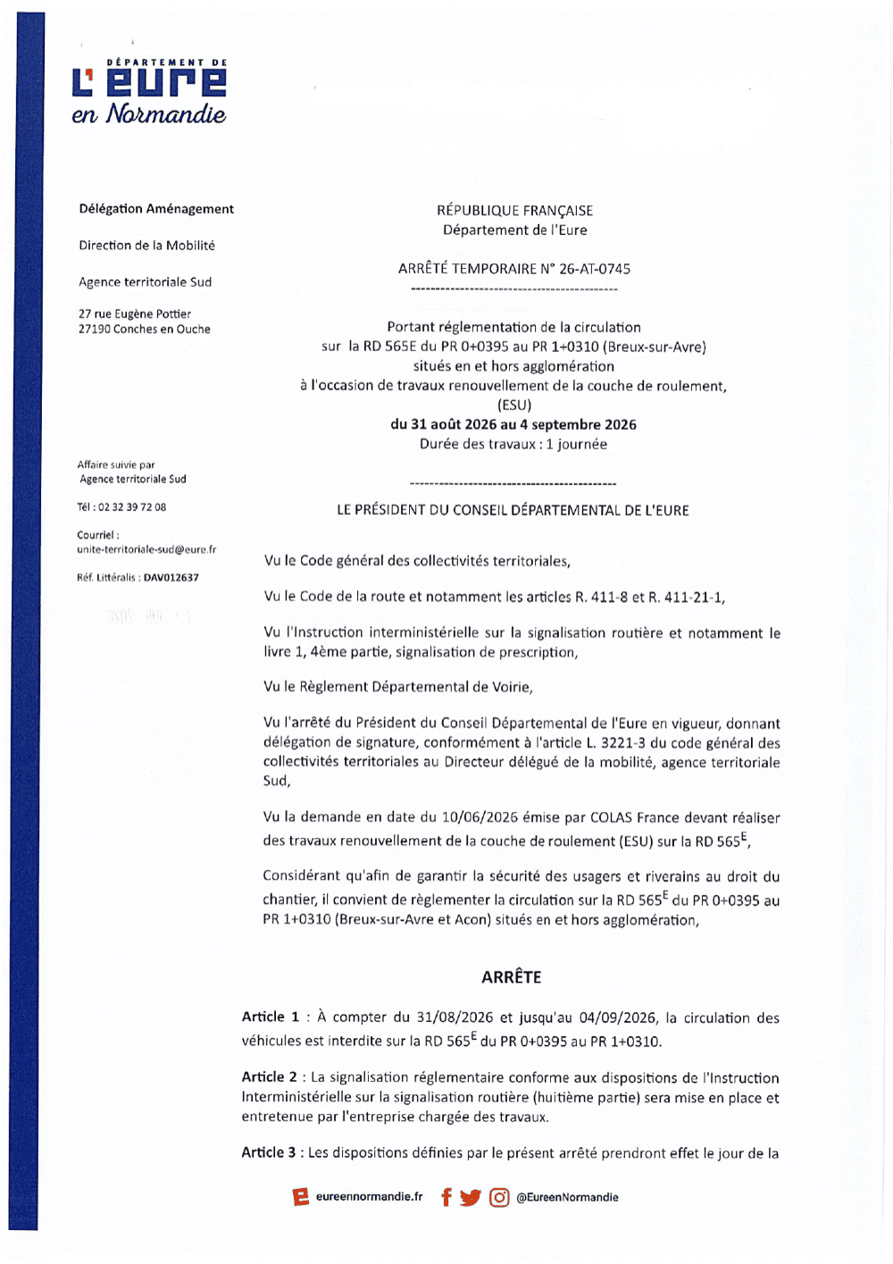 Arrêté temporaire N° 26-AT-0745 — Travaux RD 565E (Breux-sur-Avre & Acon)
