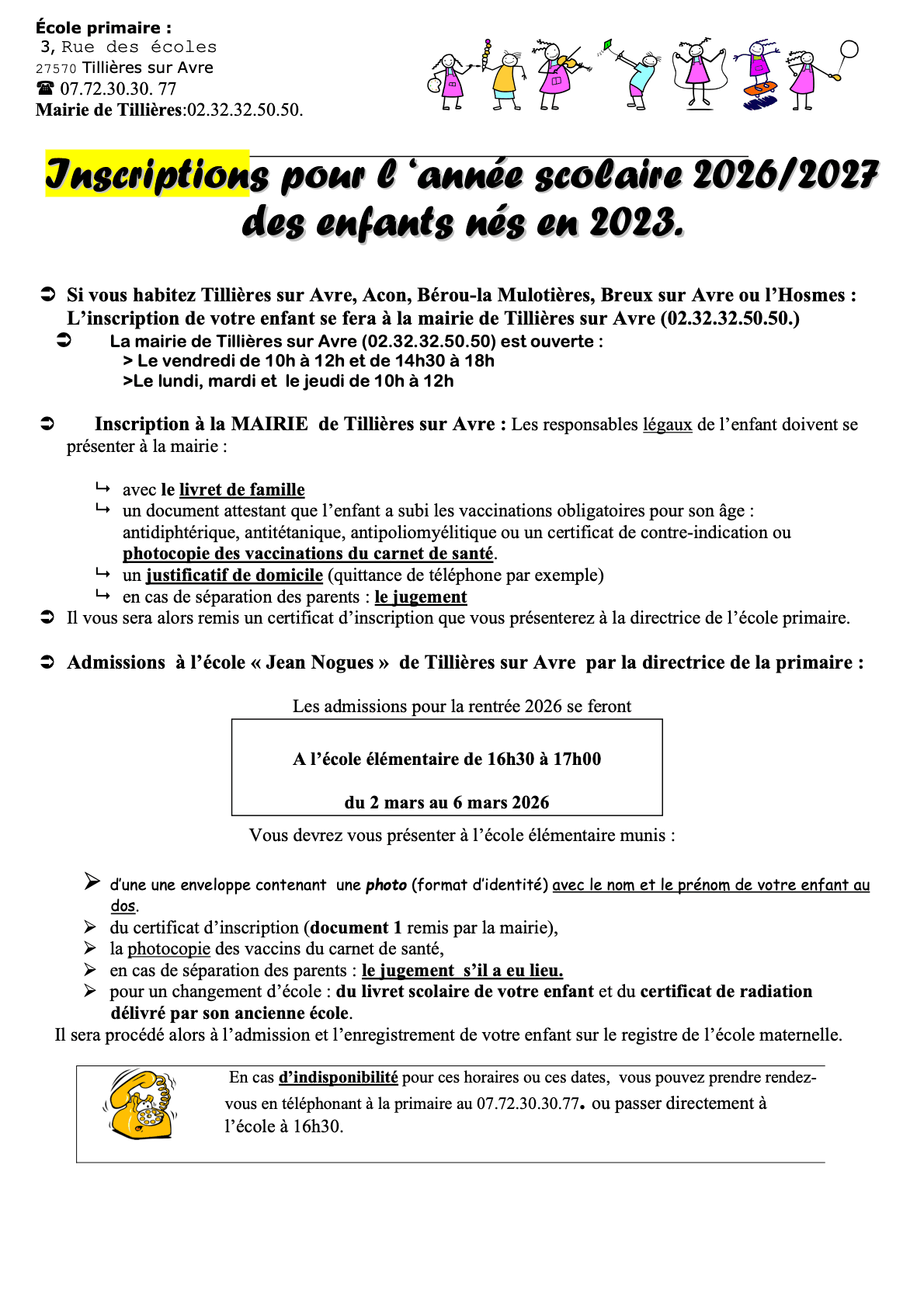 Inscriptions pour l'année scolaire 2026-2027 des enfants nés en 2023