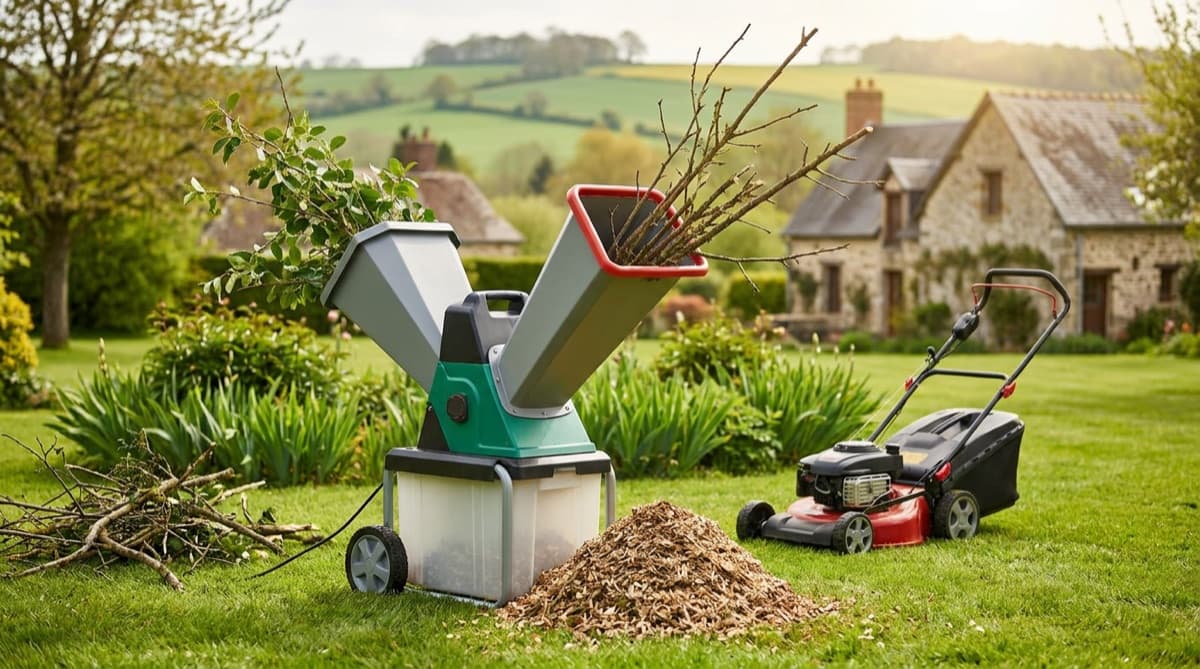 Broyeur de végétaux dans un jardin verdoyant, branches en cours de broyage