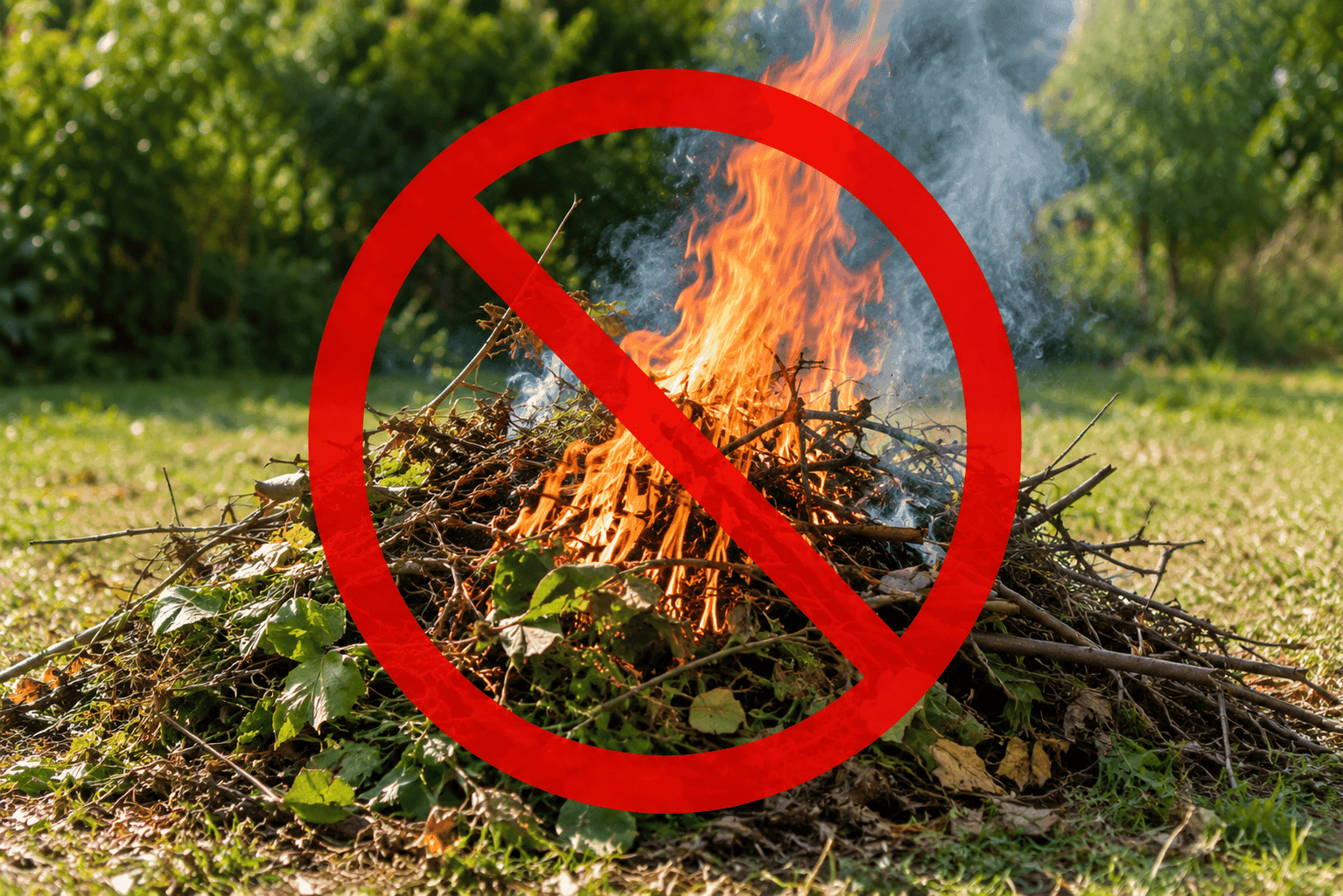 Feu de déchets verts avec panneau d'interdiction