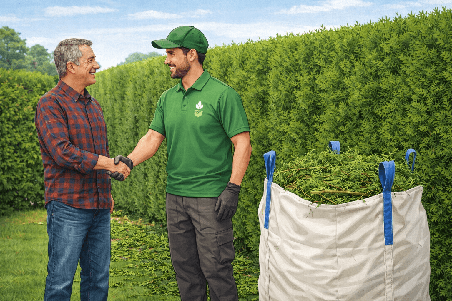 Illustration d'une haie de thuya taillée et d'un BigBag de collecte.