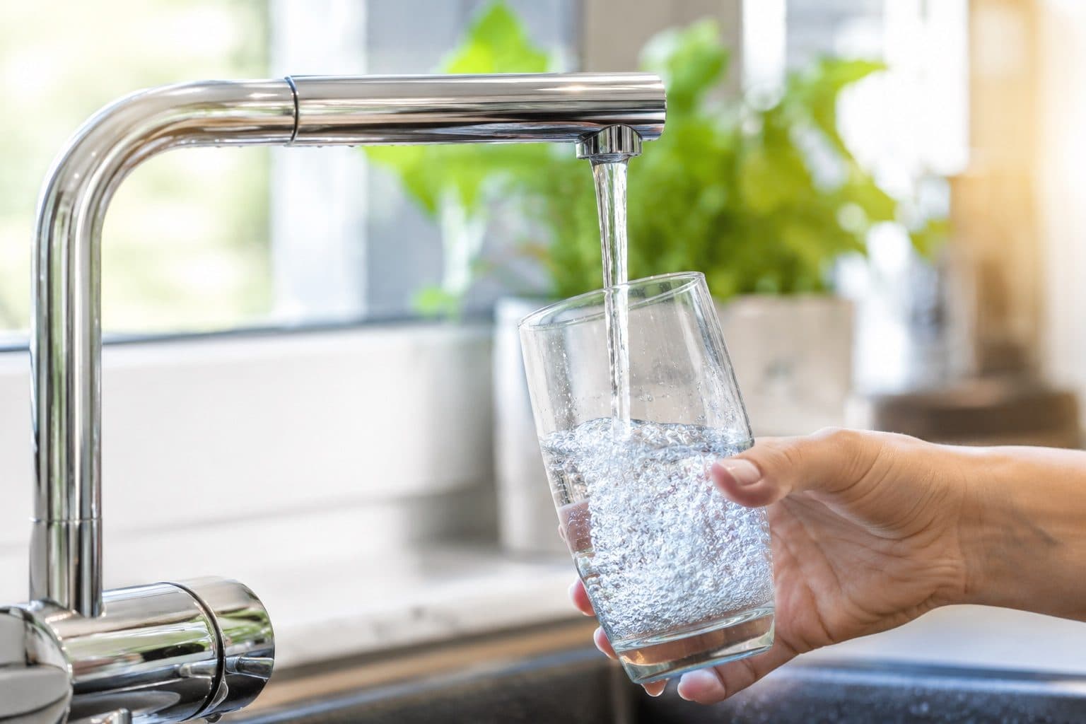 Verre rempli d'eau au robinet de la cuisine