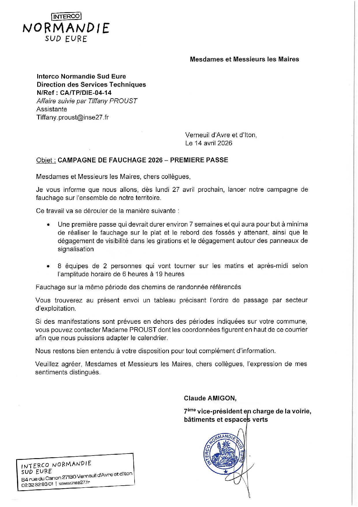 Courrier de l'Interco Normandie Sud Eure annonçant la campagne de fauchage 2026.