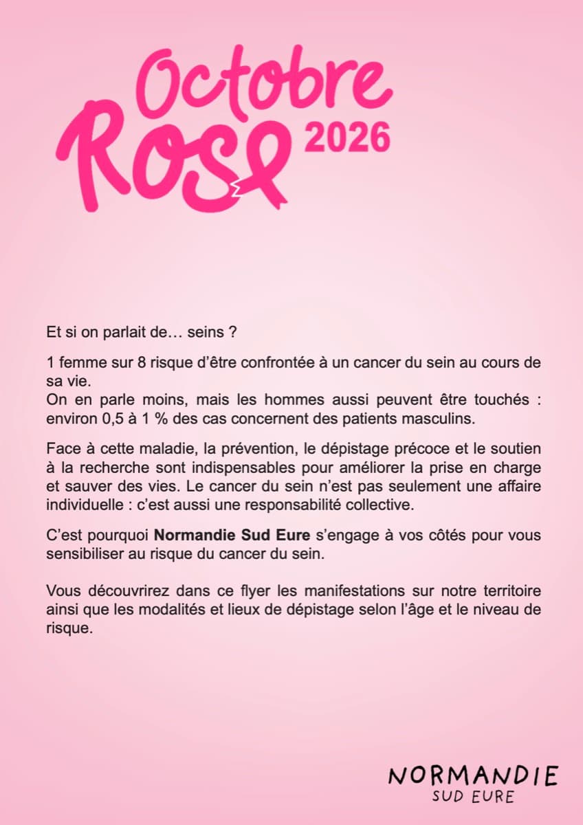 Couverture du livret Octobre Rose 2026 de l'Interco Normandie Sud Eure, ruban rose et écriture rose sur fond rose clair