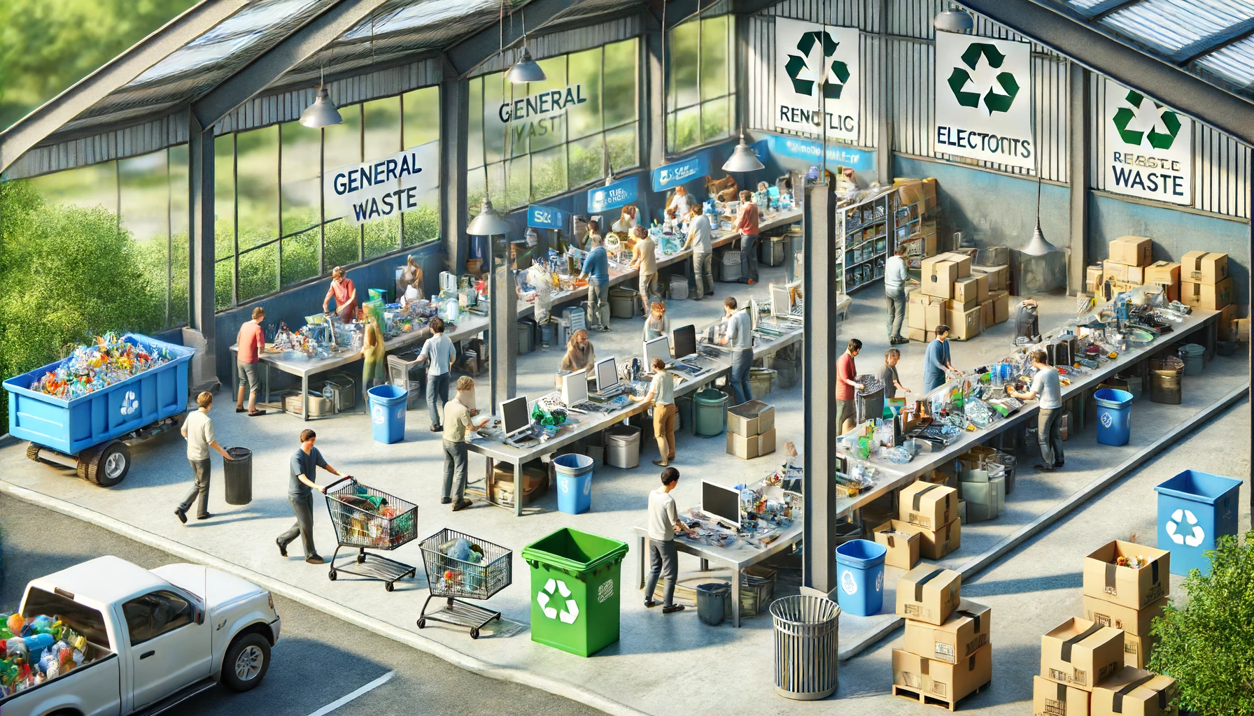 Une image d'un centre de recyclage propre et bien organisé où les gens apportent leurs déchets, incluant différents secteurs pour la collecte des matières premières